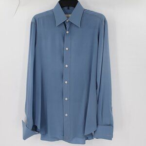 Vintage Bijan shirt men's 38 pure silk french cuff long sleeve button up blue
